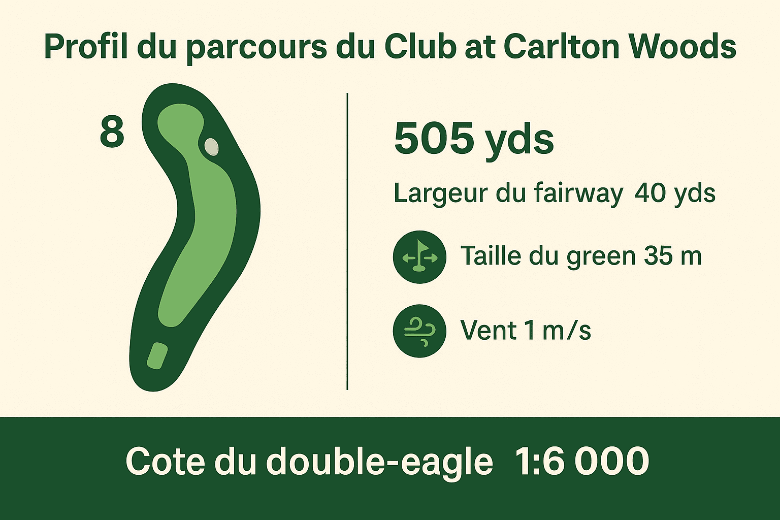 Infographie : profil du trou 8 du Club at Carlton Woods – longueur 505 yds, fairway 40 yds, green 35 m, vent 1 m/s, cote du double-eagle 1:6 000